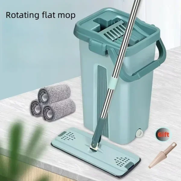 Flat Squeeze Mop com balde, Wringing Floor Cleaning, Microfiber Pads, uso molhado ou seco em madeira laminado, mão livre - AliExpress