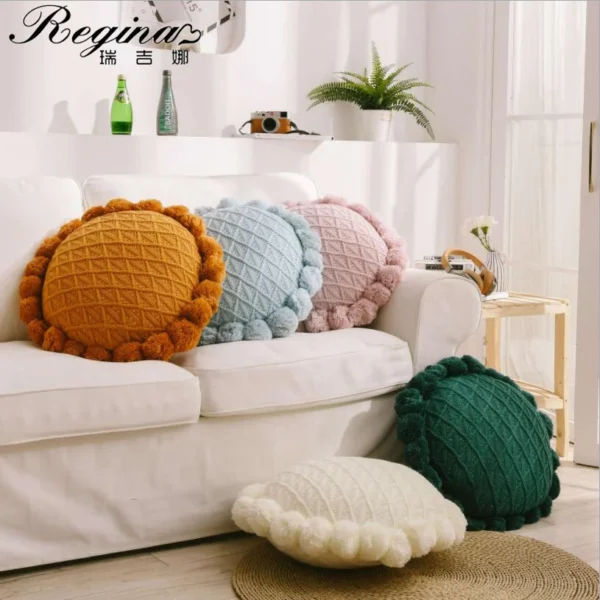 REGINA Cute Pompom Tassel Round Cushion Nordic Home Decor Decorative Pillow For Bed Sofa Fluffy Knitted Chair Car Throw Pillow - AliExpress 15